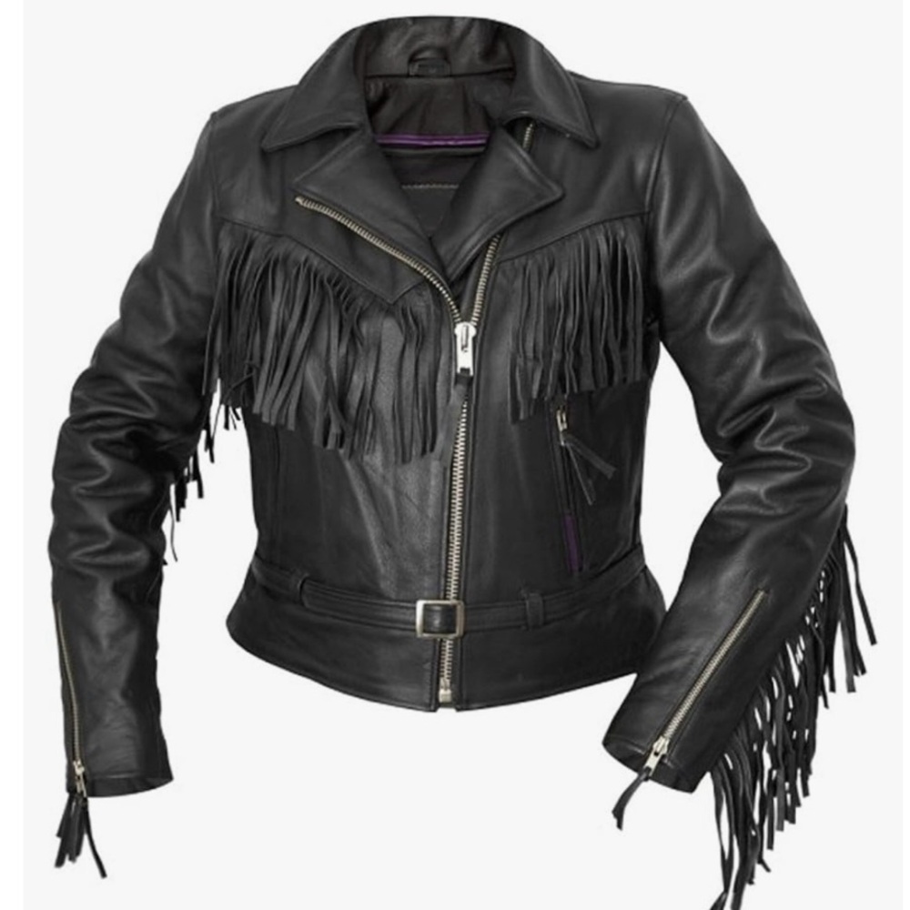 NEW Classyak Womens Fashion Interstate Genuine Cow Leather Jacket Fringe Size Sm